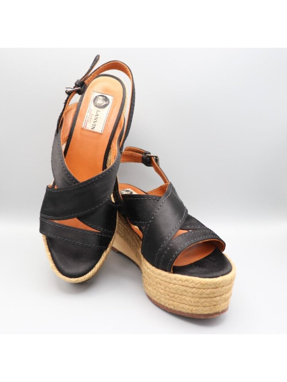 Lanvin Black Satin Platform Espadrille Wedge Sandals Spain Size 37 US 6.5